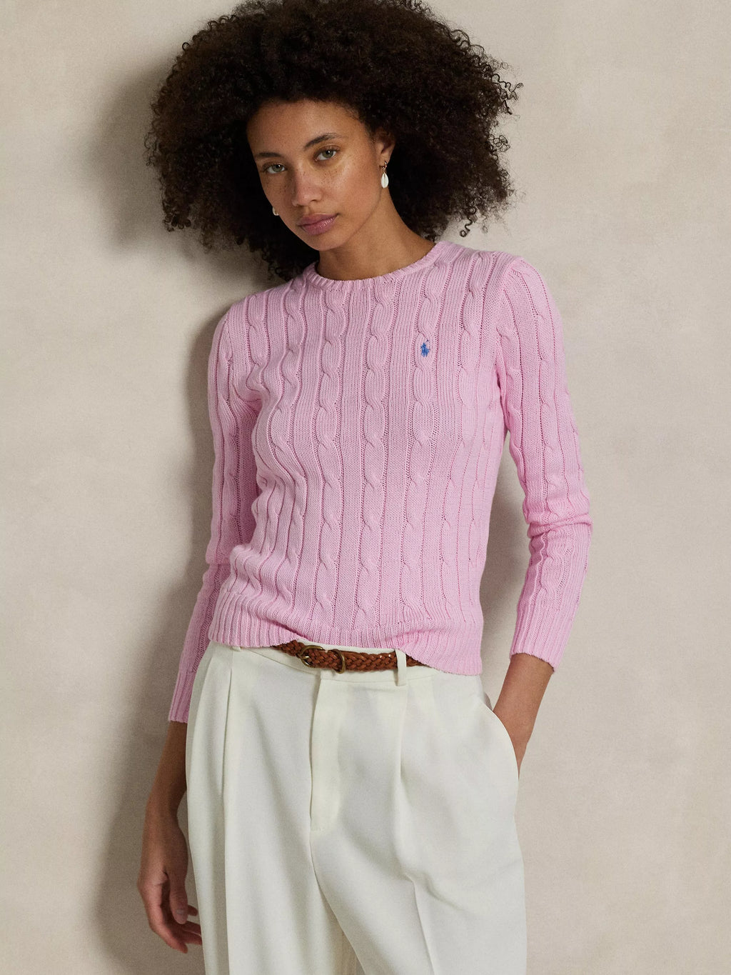 Horse-And-Jockey Cable Knit Sweater Pink